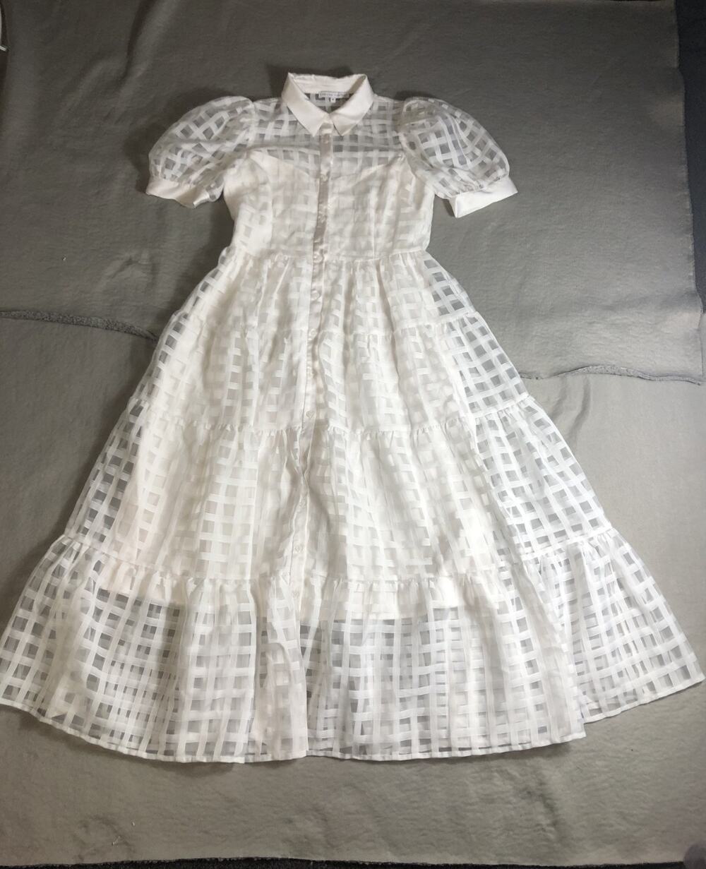 English Factory Dress M White Organza Grid Midi Puff Sleeves Maxi Whimsical